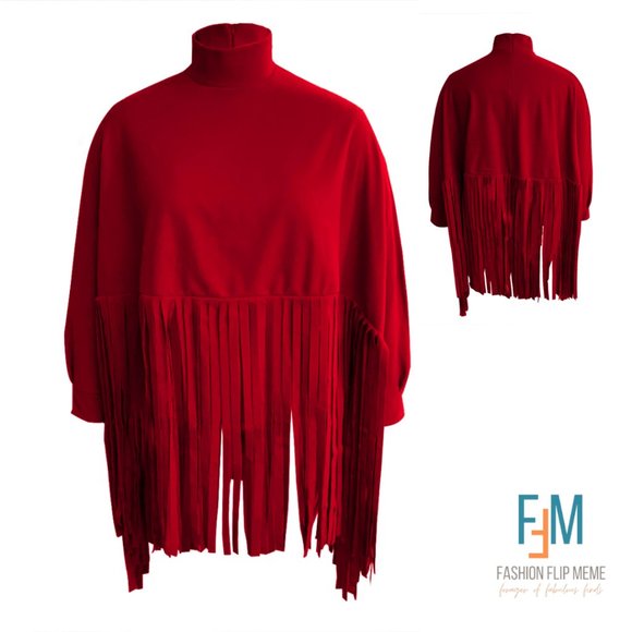 Fringed Lantern-Sleeve Oversized Pullover Sweatshirt - Picture 1 of 4